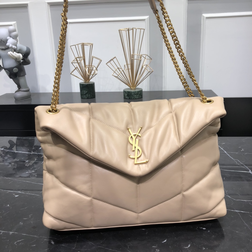 Saint Laurent Loulou Puffer Lambskin Shoulder Bag Handbag Dark Beige 577475 Gold